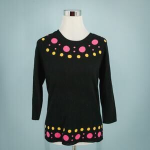 Milly Size Large L Black Polka Dot Print Crew 3/4 Sleeve Wool Cashmere Sweater